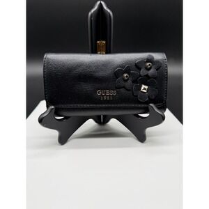 Guess 1981 Black Floral Applique Trifold Wallet Studded Faux Leather 7.5 Inch